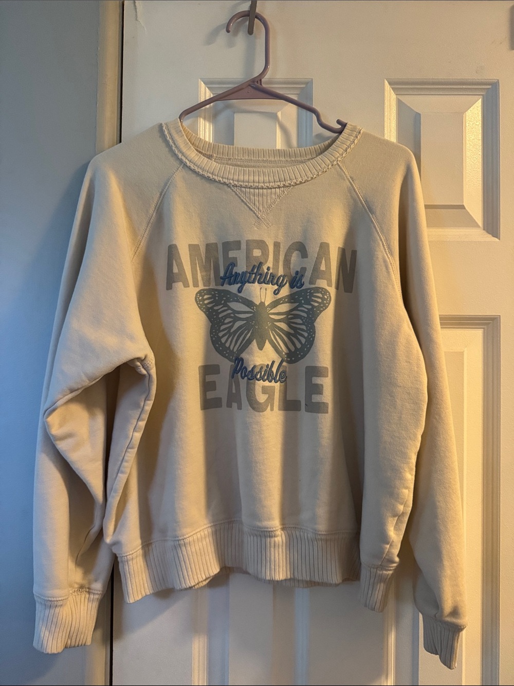 American Eagle Outfitters Cream Crewneck Sweatshirt with Gray Butterfly Graphic